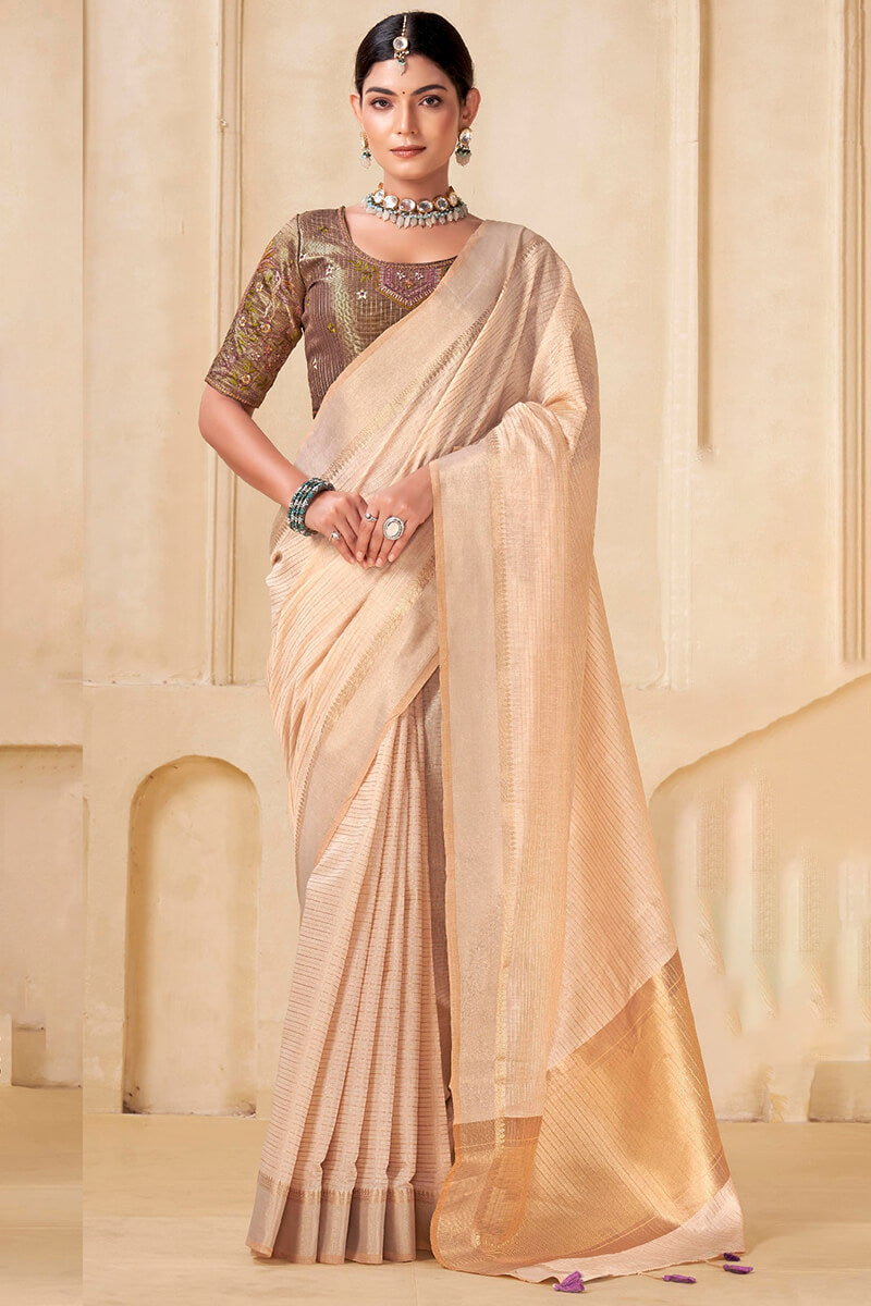 Opulent Beige Cotton Silk Saree With Propinquity Blouse Piece