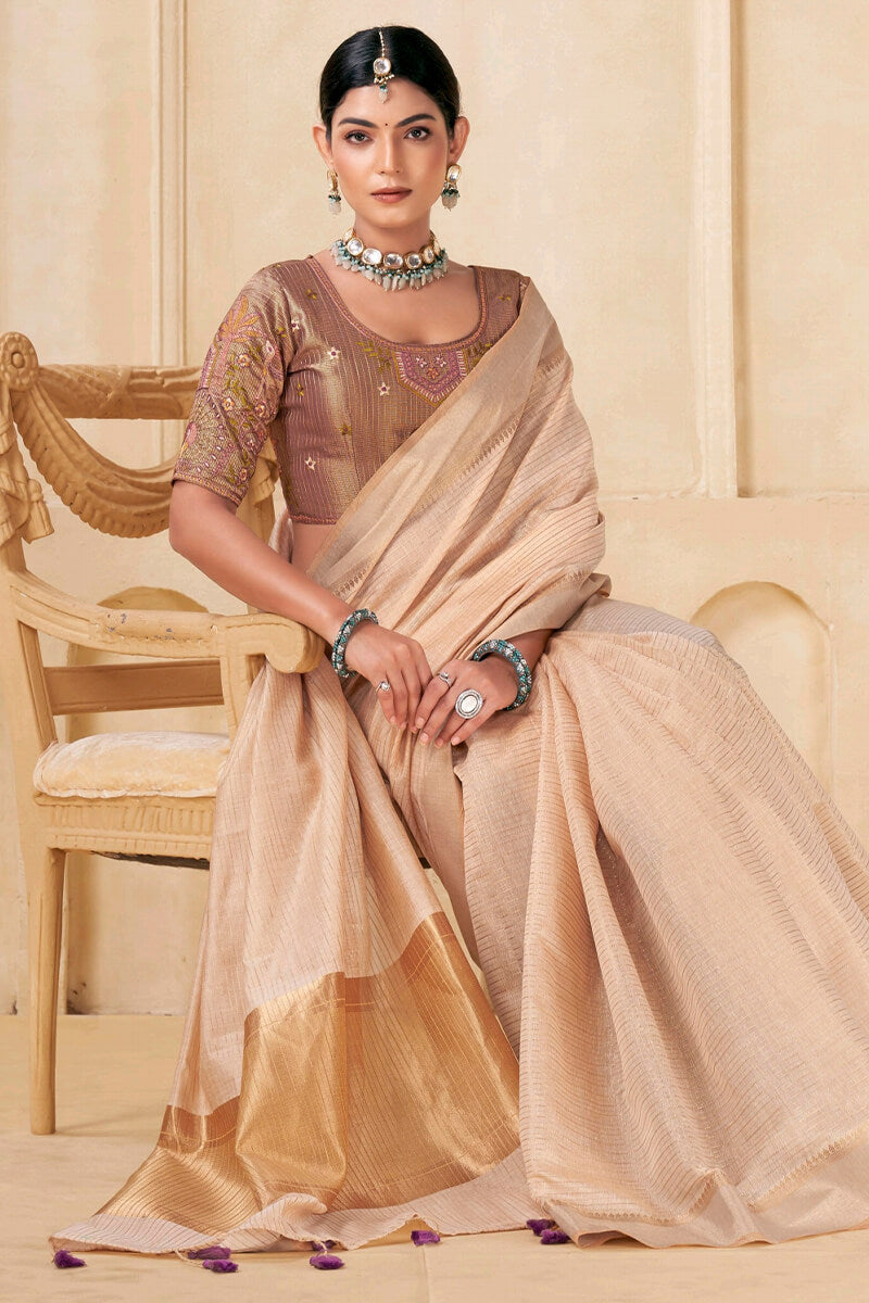 Opulent Beige Cotton Silk Saree With Propinquity Blouse Piece