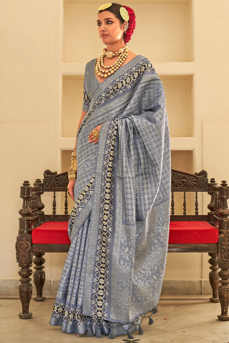 Trendy Silver Digital Printed Soft Silk Saree With Glorious Blouse Piece