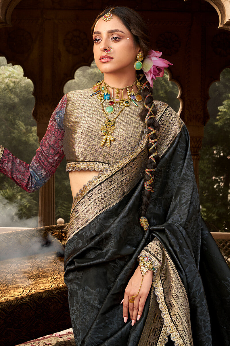 Inspiring Black Soft Banarasi Silk Saree With Refreshing Blouse Piece
