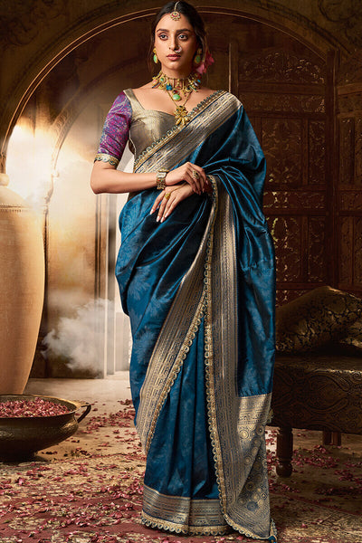 Quintessential Navy Blue Soft Banarasi Silk Saree With Blissful Blouse Piece