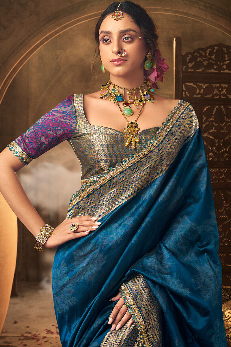 Quintessential Navy Blue Soft Banarasi Silk Saree With Blissful Blouse Piece