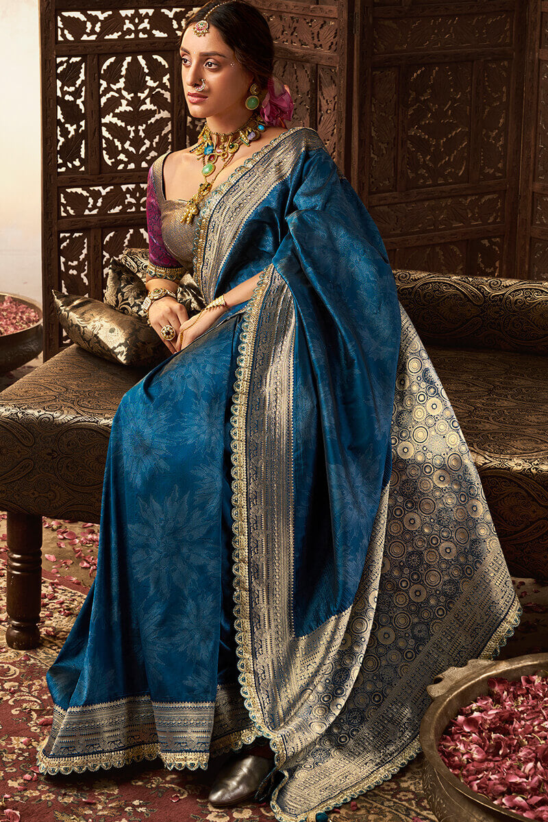 Quintessential Navy Blue Soft Banarasi Silk Saree With Blissful Blouse Piece
