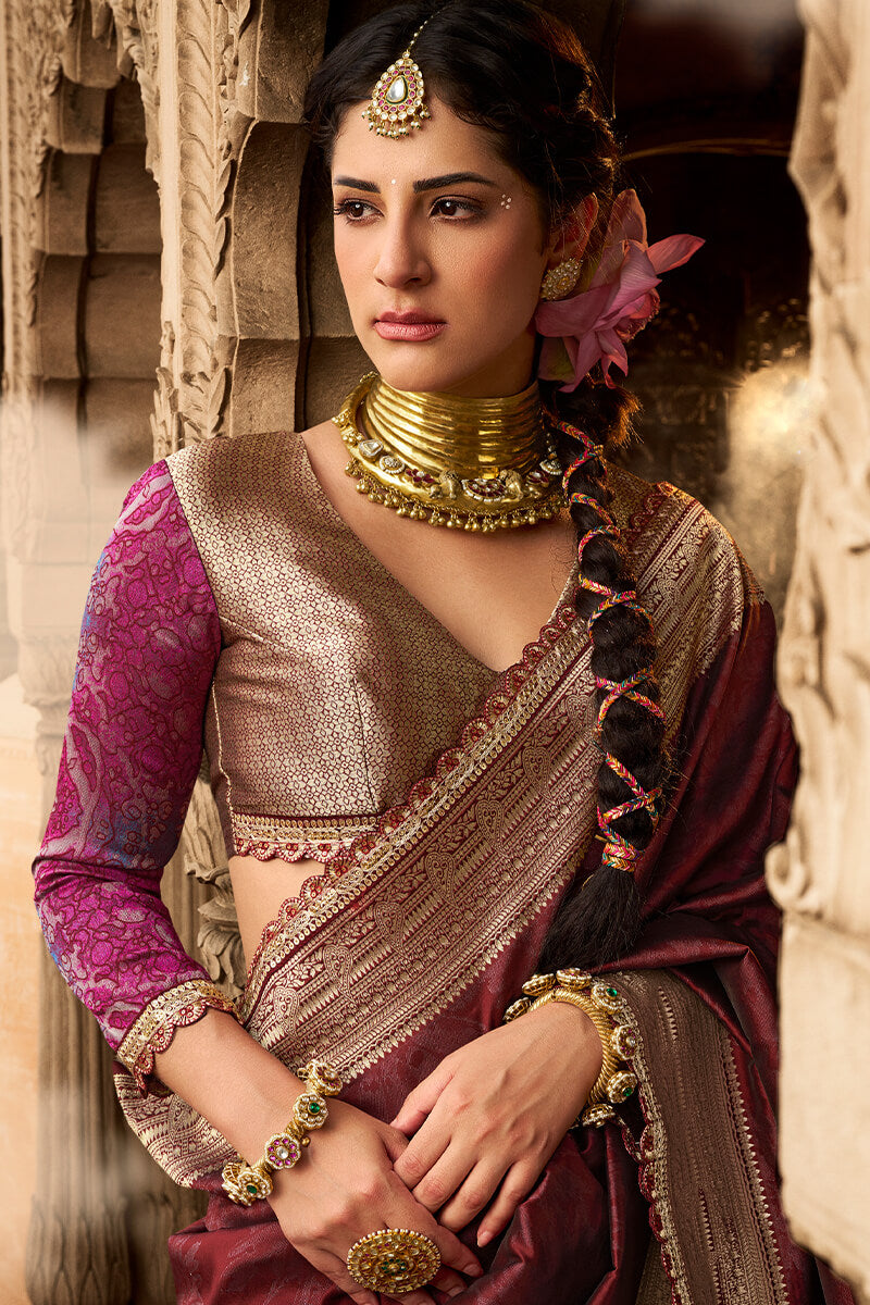 Exuberant Wine Soft Banarasi Silk Saree With Bewitching Blouse Piece