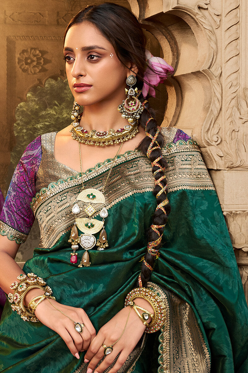 Incomparable Dark Green Soft Banarasi Silk Saree With Lassitude Blouse Piece