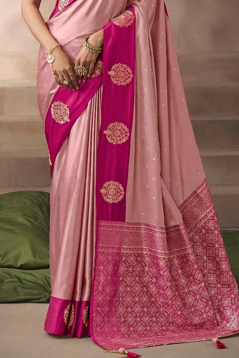 Splendiferous Baby Pink Banarasi Satin Silk Saree With Prodigal Blouse
