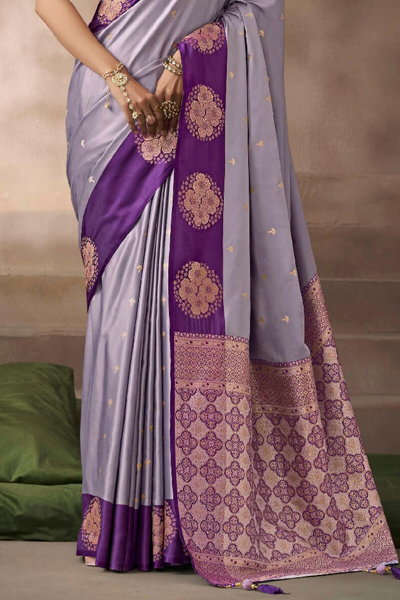 Desuetude Lavender Banarasi Satin Silk Saree With Breathtaking Blouse