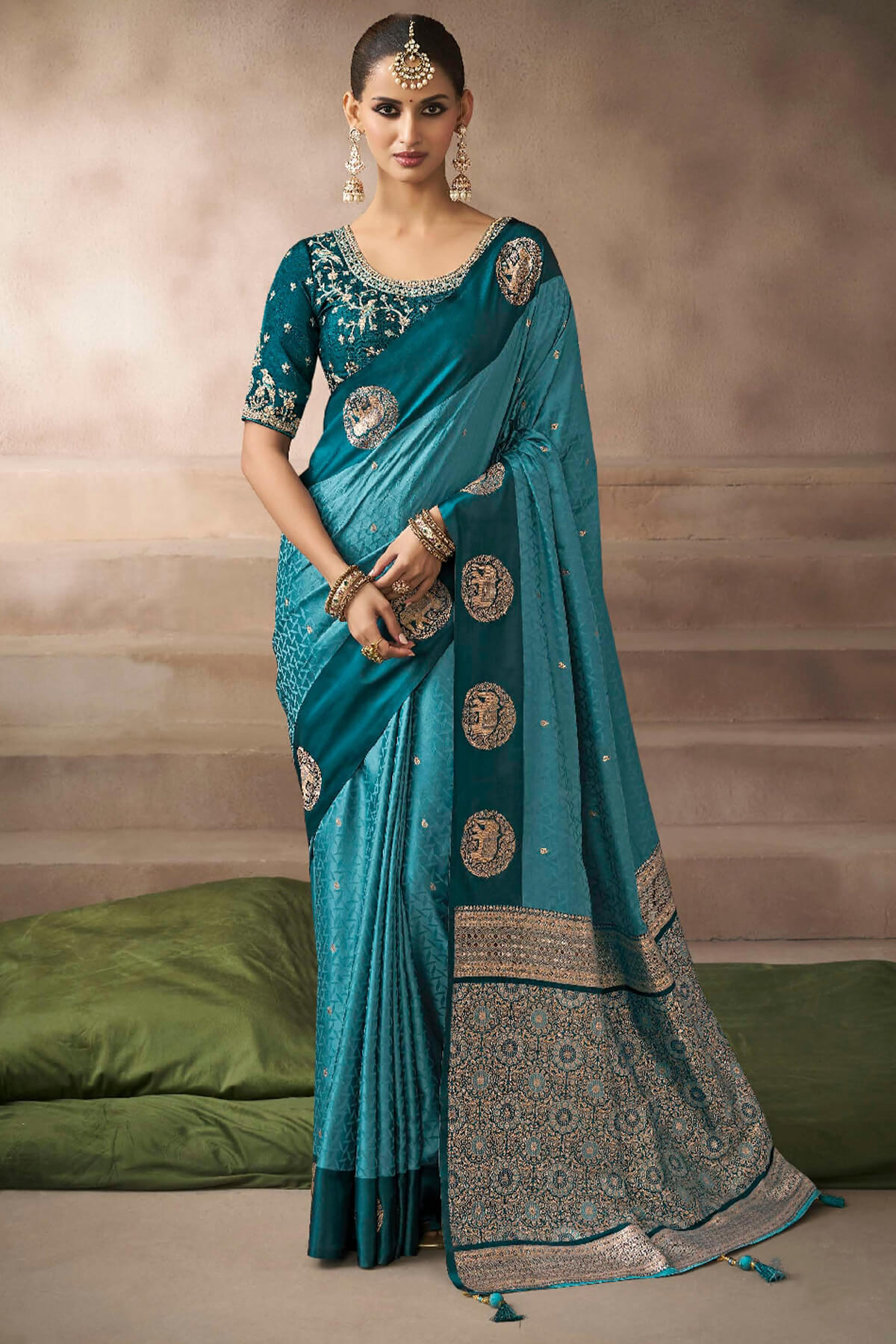 Zephyr Rama Banarasi Satin Silk Saree With Ephemeral Blouse