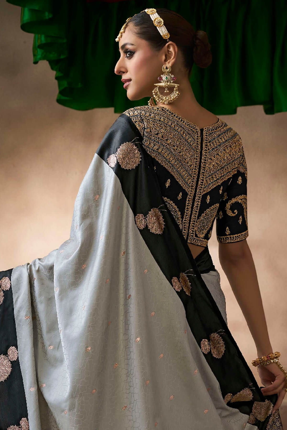 Resonant Grey Banarasi Satin Silk Saree With Enigmatic Blouse