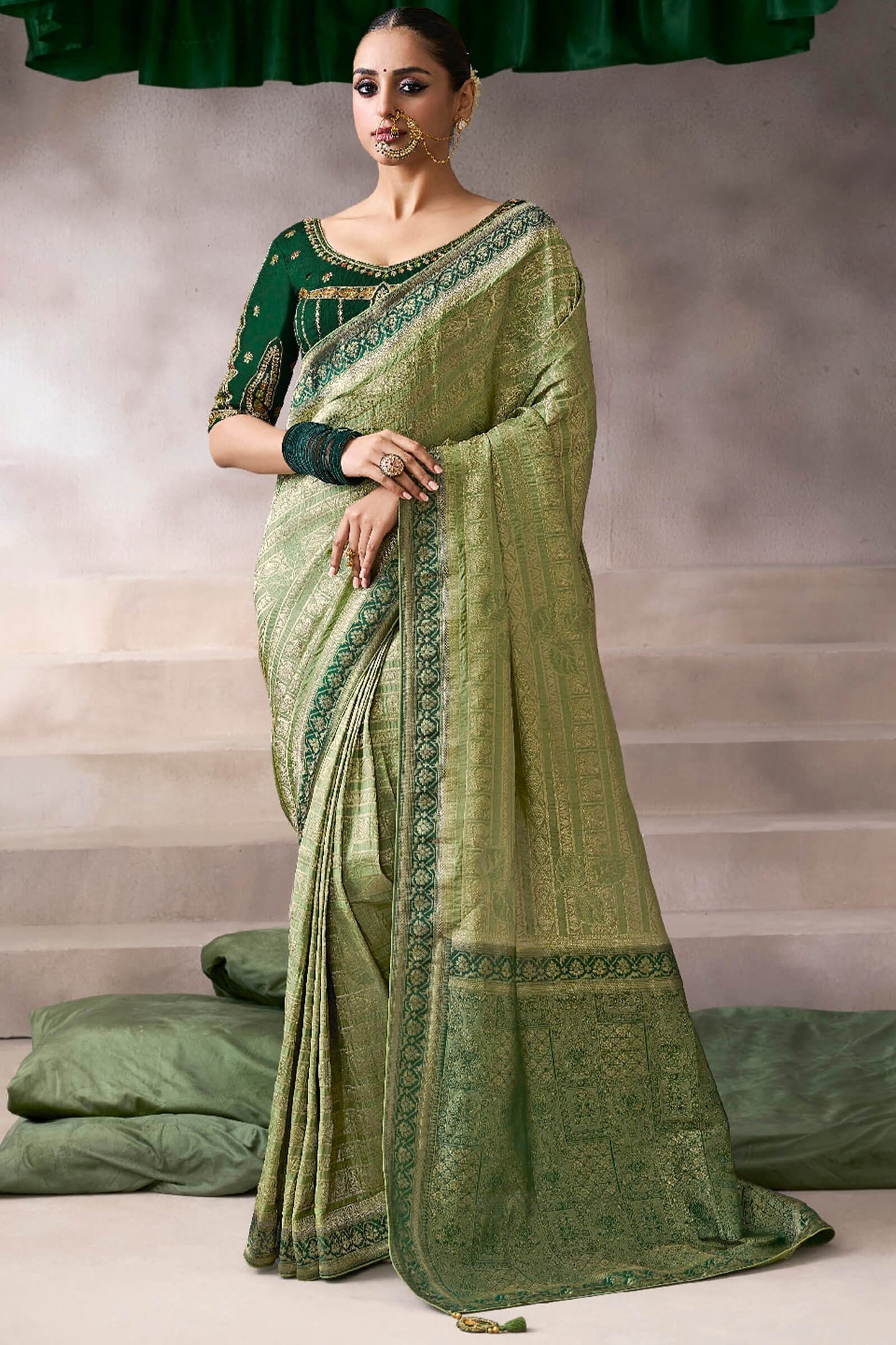 Flamboyant Green Banarasi Satin Silk Saree With Traditional Blouse