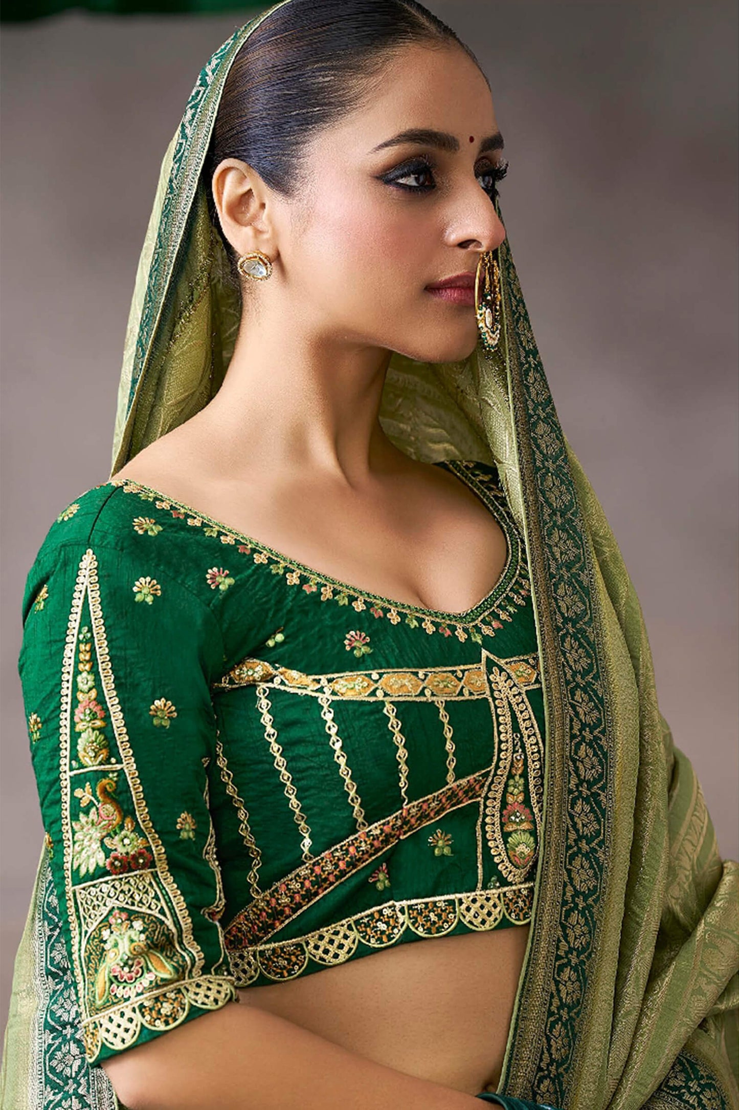 Flamboyant Green Banarasi Satin Silk Saree With Traditional Blouse