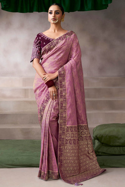 Vestigial Pink Banarasi Satin Silk Saree With Scrumptious Blouse