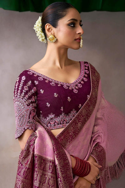 Vestigial Pink Banarasi Satin Silk Saree With Scrumptious Blouse