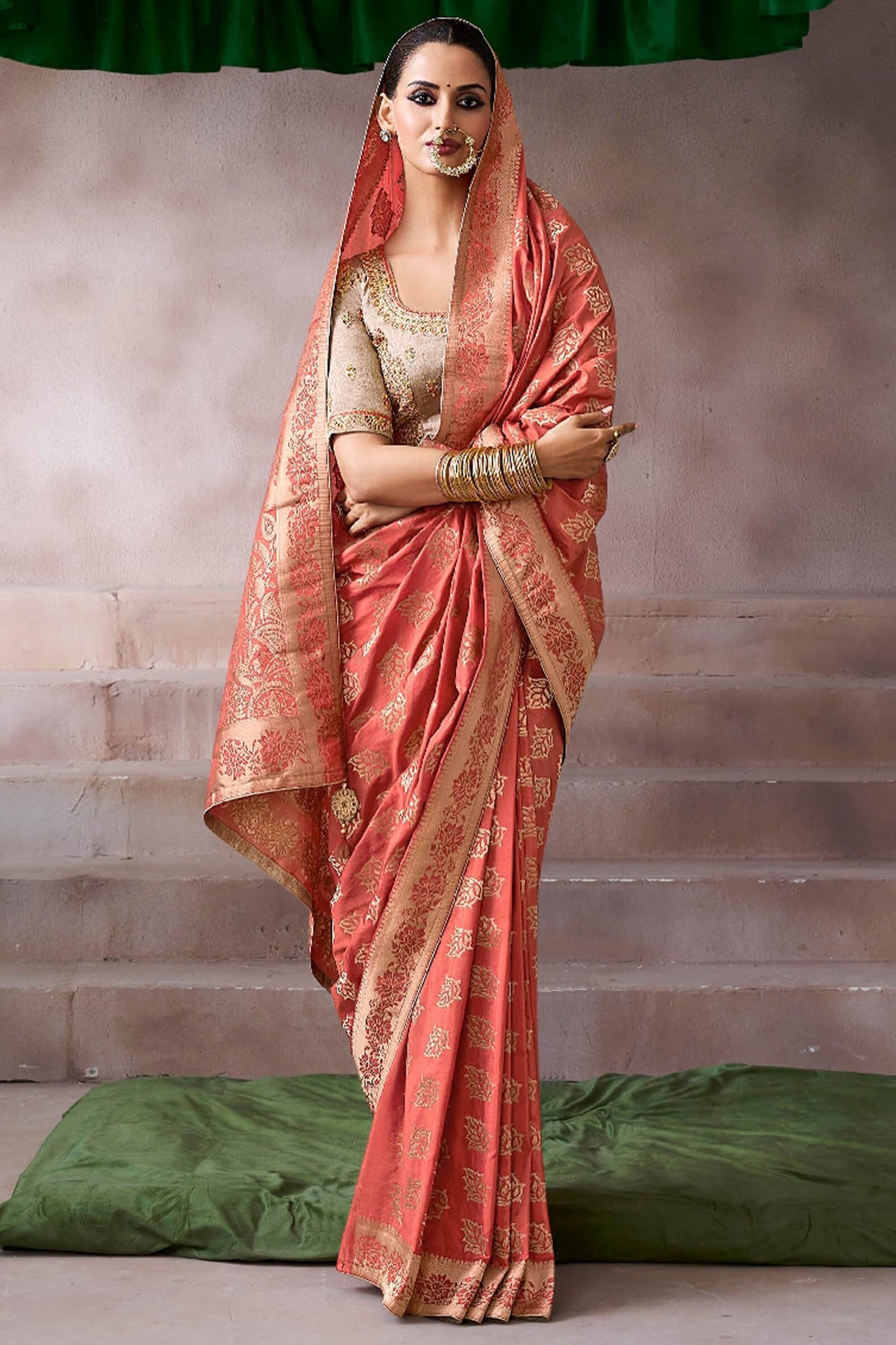 Pulsating Peach Banarasi Satin Silk Saree With Demure Blouse