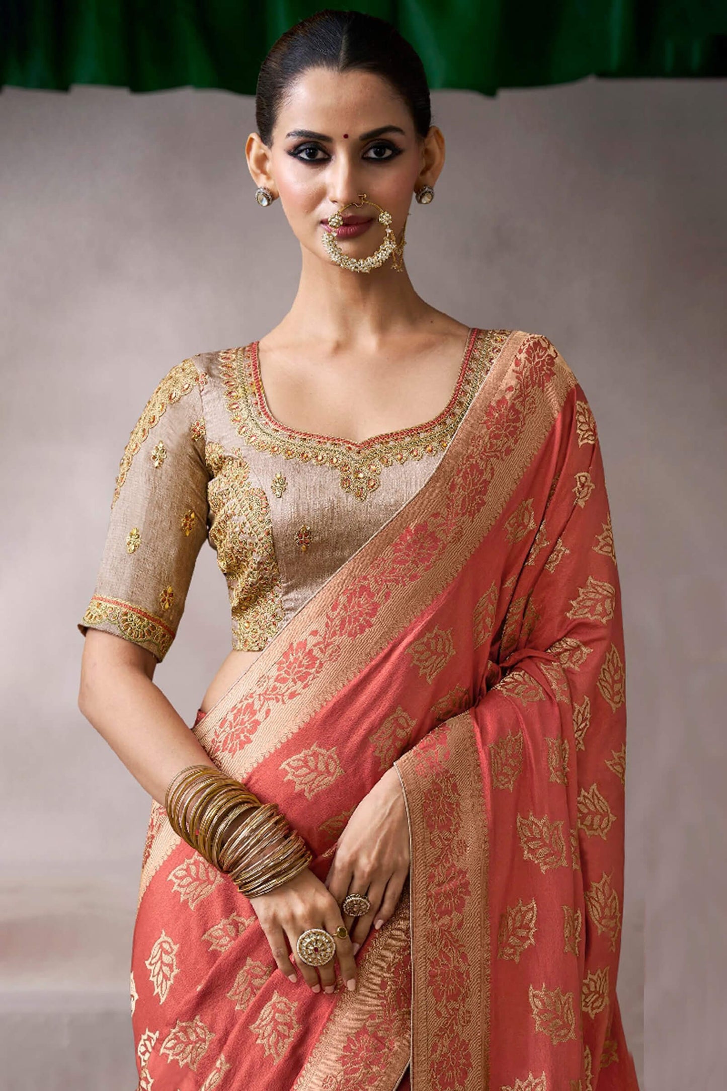 Pulsating Peach Banarasi Satin Silk Saree With Demure Blouse