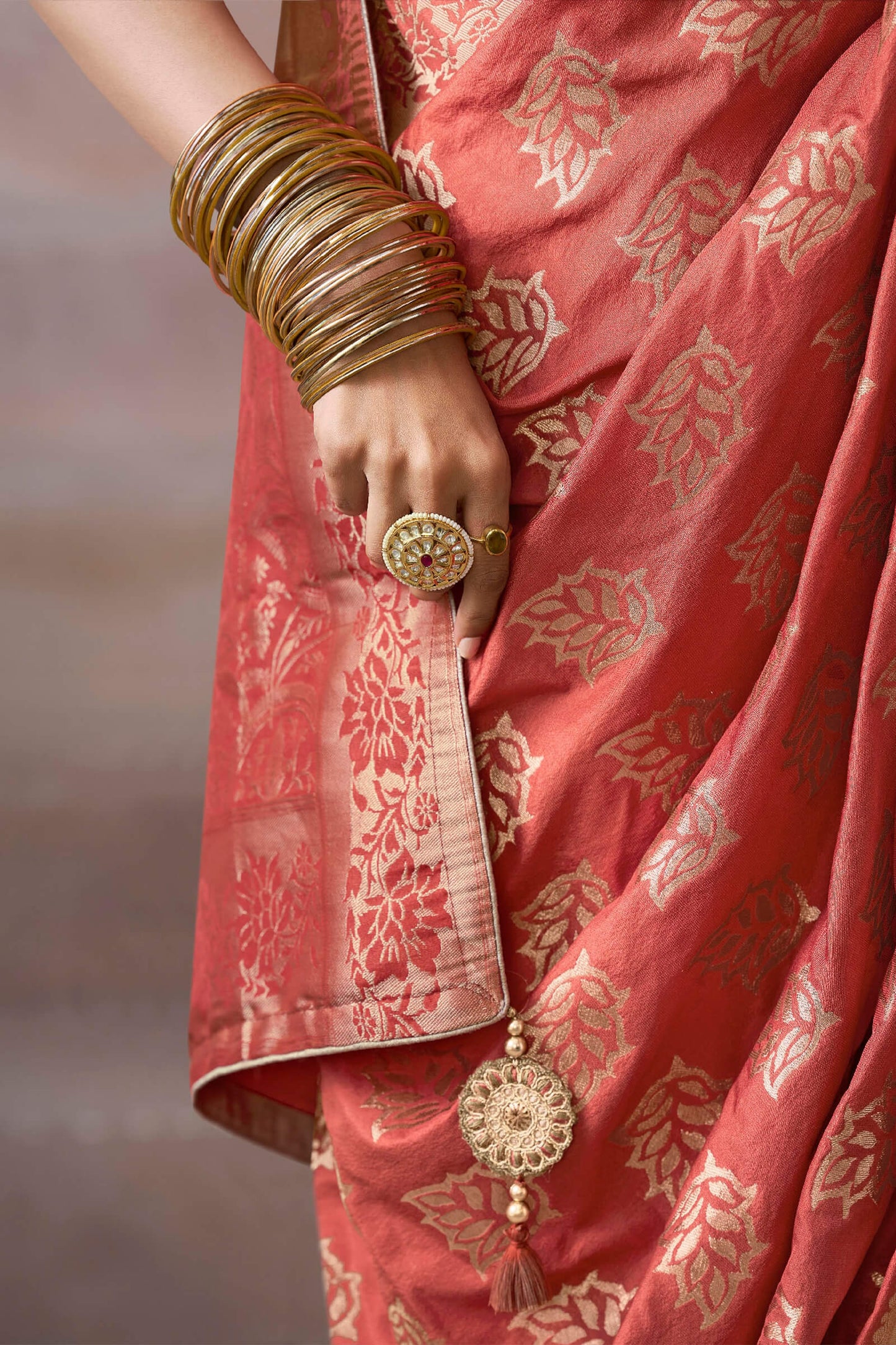 Pulsating Peach Banarasi Satin Silk Saree With Demure Blouse