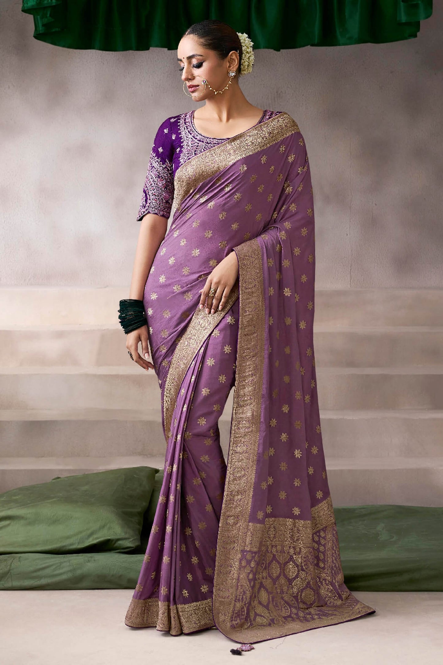 Eclat Lavender Banarasi Satin Silk Saree With Incredible Blouse
