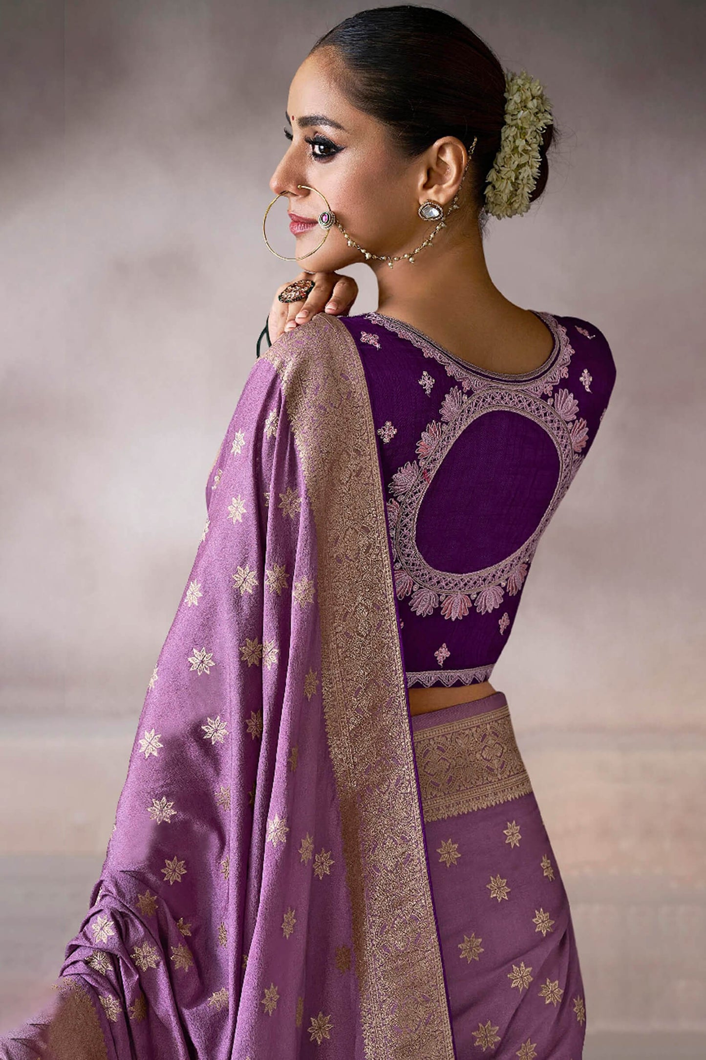 Eclat Lavender Banarasi Satin Silk Saree With Incredible Blouse