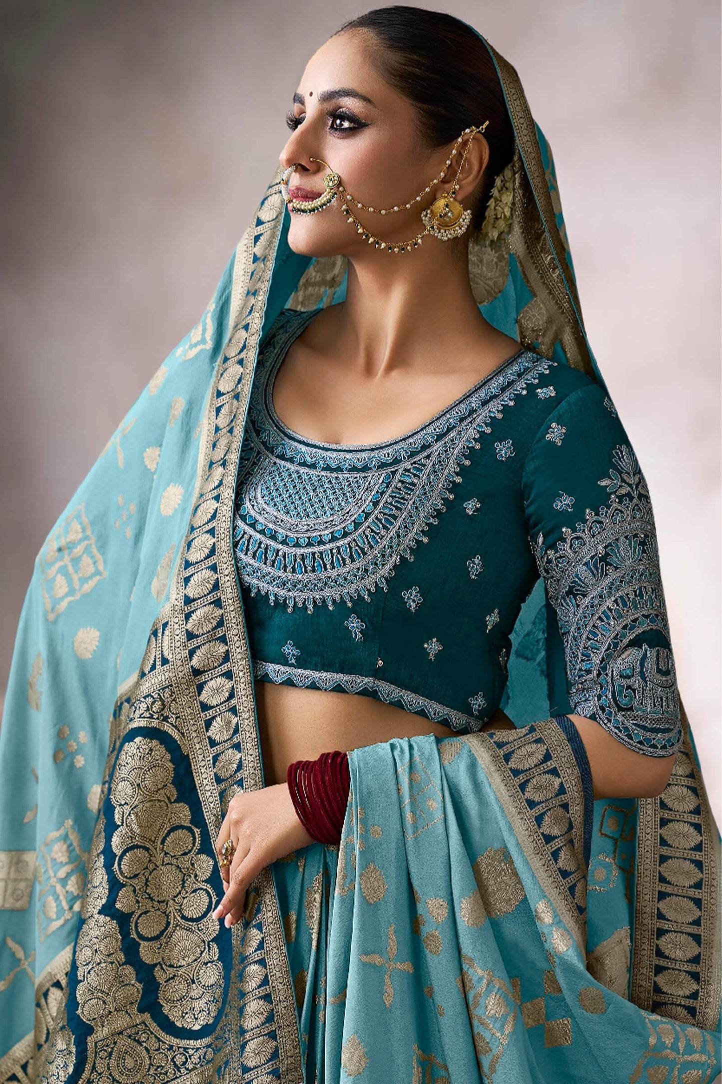 Stylish Firozi Banarasi Satin Silk Saree With Exuberant Blouse