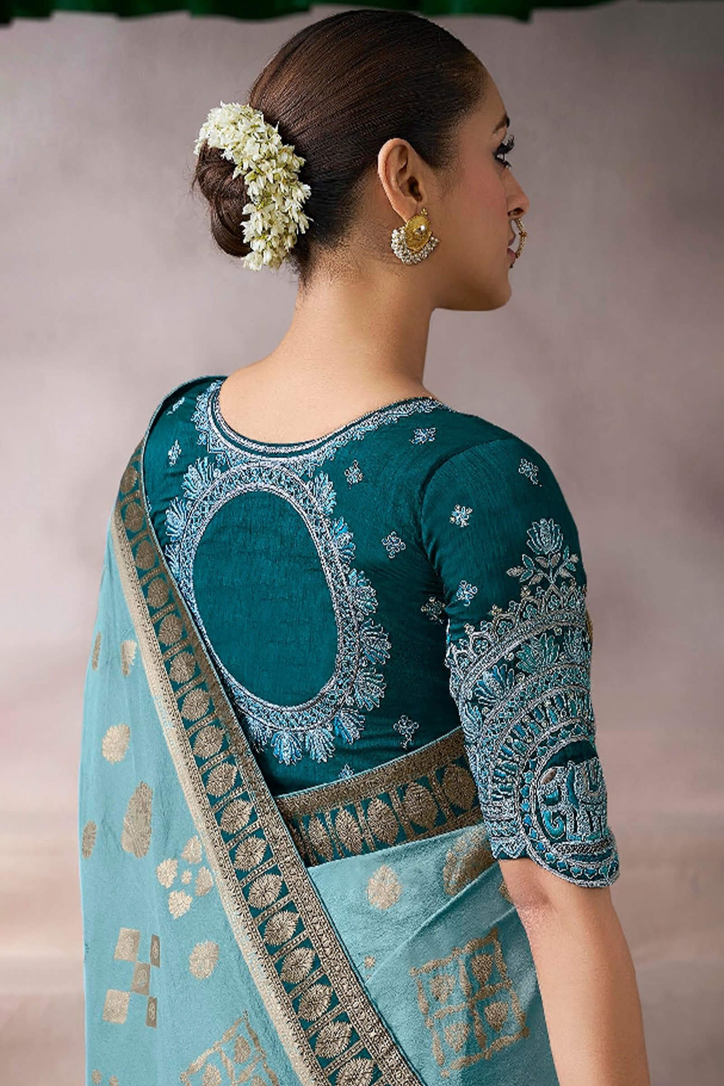 Stylish Firozi Banarasi Satin Silk Saree With Exuberant Blouse