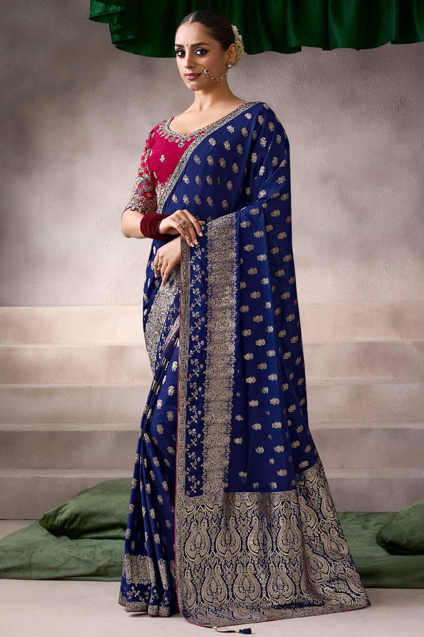 Denouement Navy Blue Banarasi Satin Silk Saree With Lissome Blouse