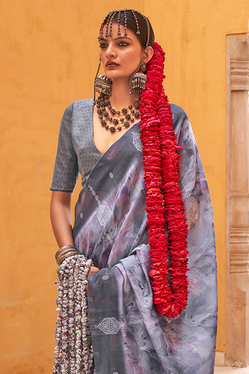 Gleaming Grey Digital Printed Cotton Silk Saree With Delightful Blouse Piece