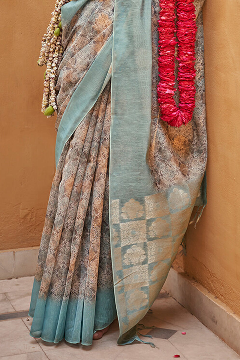 Unequalled Brown Digital Printed Cotton Silk Saree With Denouement Blouse Piece