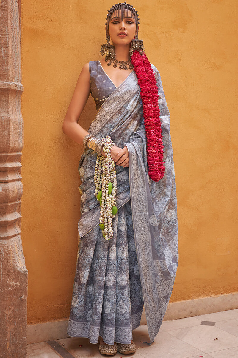 Unequalled Grey Digital Printed Cotton Silk Saree With Zephyr Blouse Piece