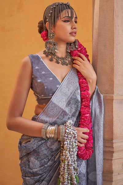 Unequalled Grey Digital Printed Cotton Silk Saree With Zephyr Blouse Piece