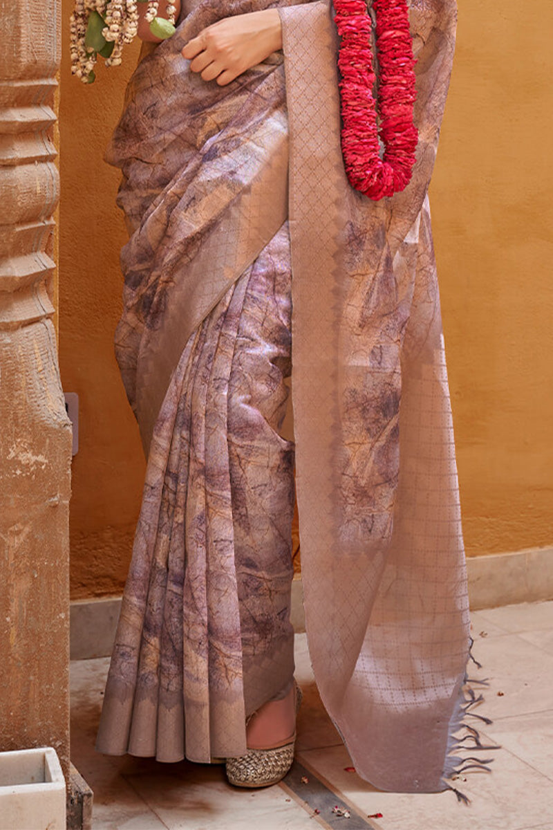 Divine Brown Digital Printed Cotton Silk Saree With Dalliance Blouse Piece