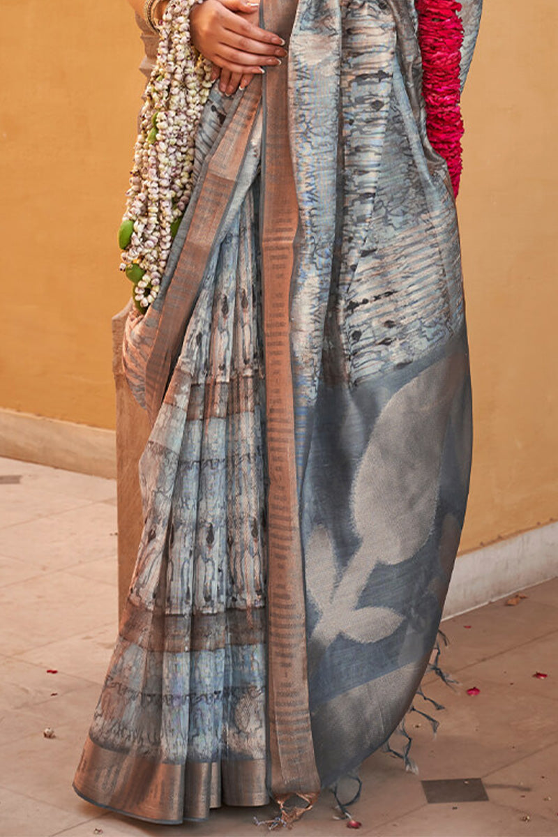 Skinny Grey Digital Printed Cotton Silk Saree With Gratifying Blouse Piece