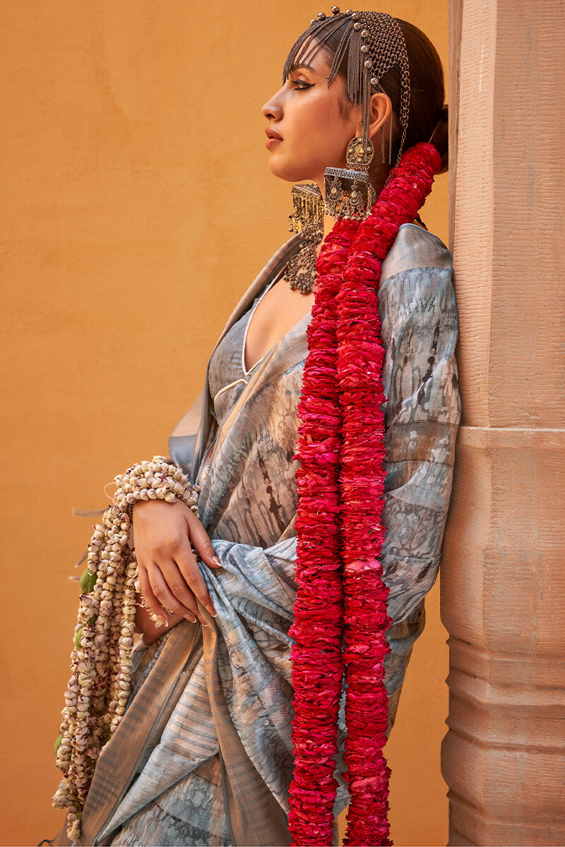 Skinny Grey Digital Printed Cotton Silk Saree With Gratifying Blouse Piece