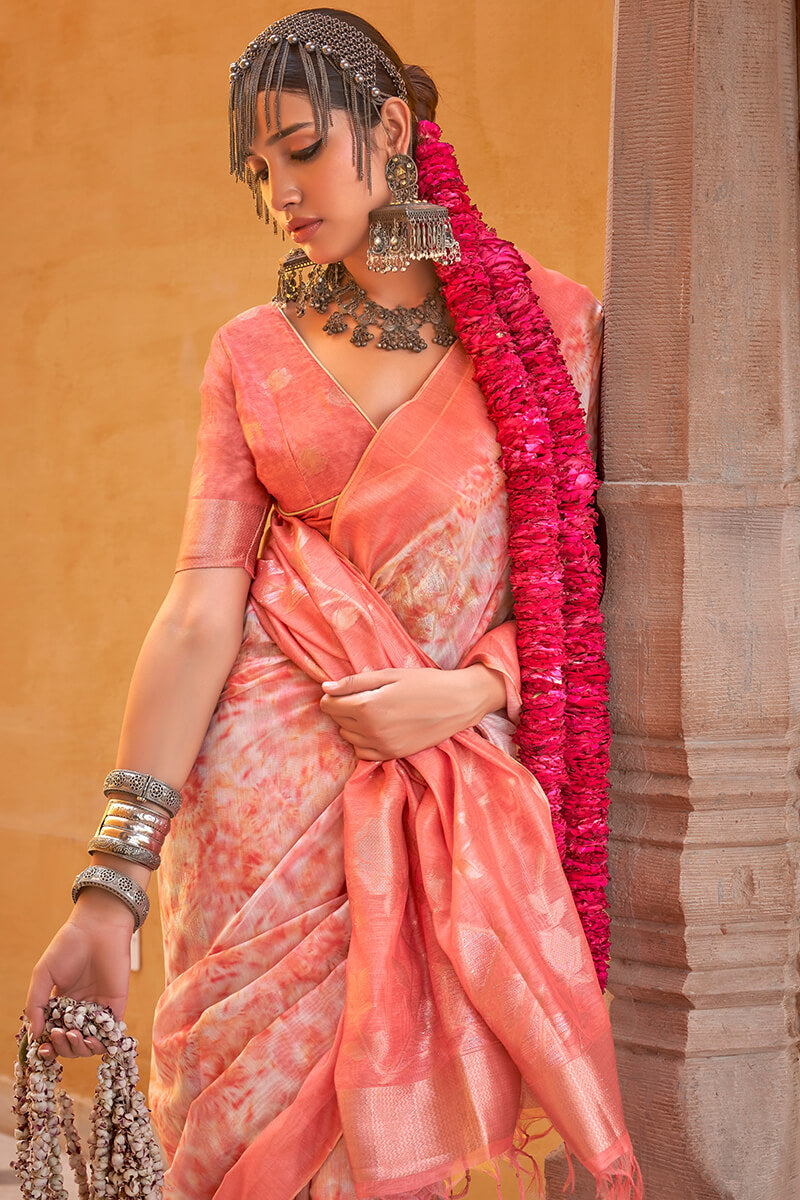 Enticing Peach Digital Printed Cotton Silk Saree With Panache Blouse Piece