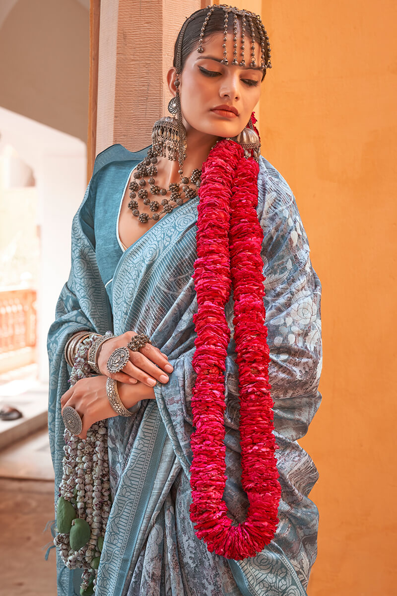 Delectable Grey Digital Printed Cotton Silk Saree With Captivating Blouse Piece