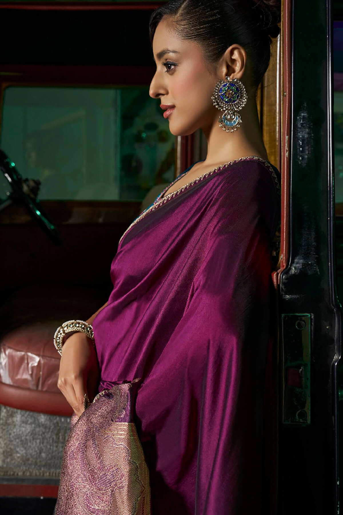 Devastating Purple Banarasi Satin Silk Saree With Embellished Blouse