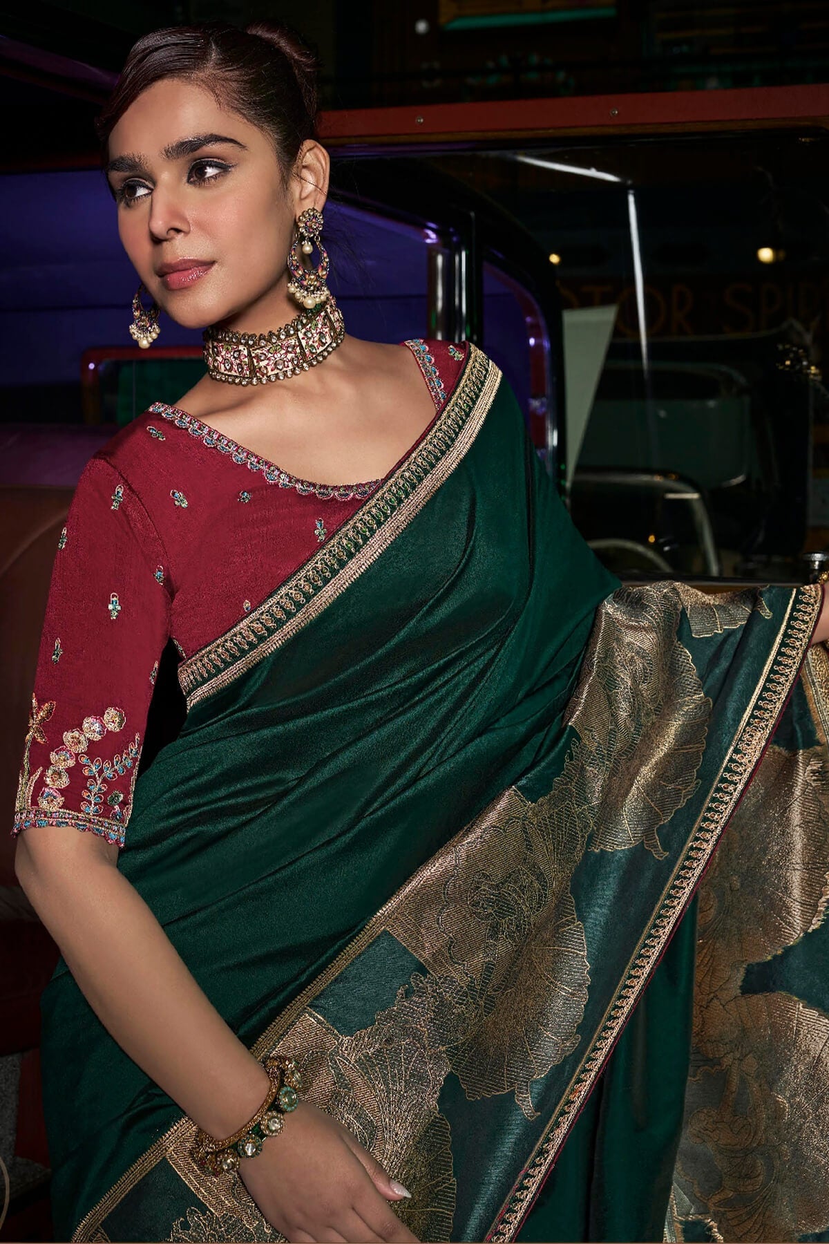 Engrossing Dark Green Banarasi Satin Silk Saree With Gossamer Blouse