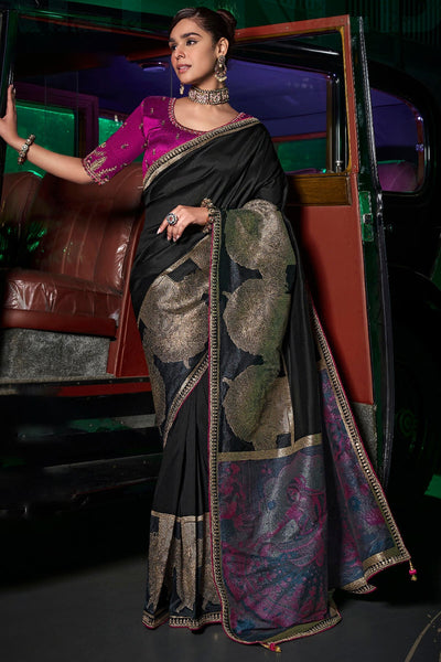 Alluring Black Banarasi Satin Silk Saree With Adoring Blouse