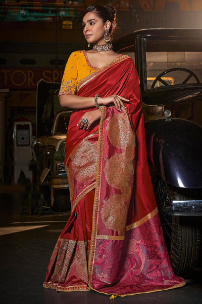 Majesty Red Banarasi Satin Silk Saree With Incomparable Blouse