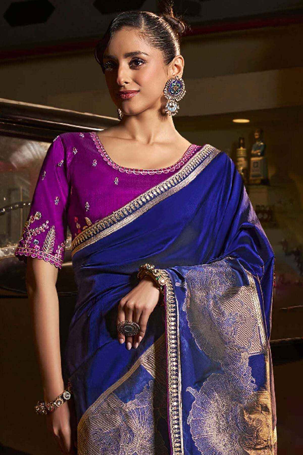 Winsome Navy Blue Banarasi Satin Silk Saree With Dazzling Blouse