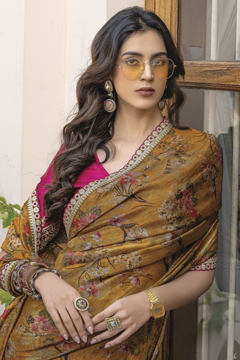 Enchanting Mustard Printed Pure Viscose Dola Silk Saree With Engaging Blouse Piece