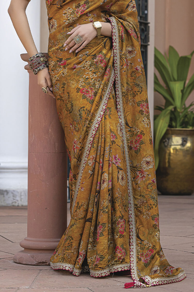 Enchanting Mustard Printed Pure Viscose Dola Silk Saree With Engaging Blouse Piece