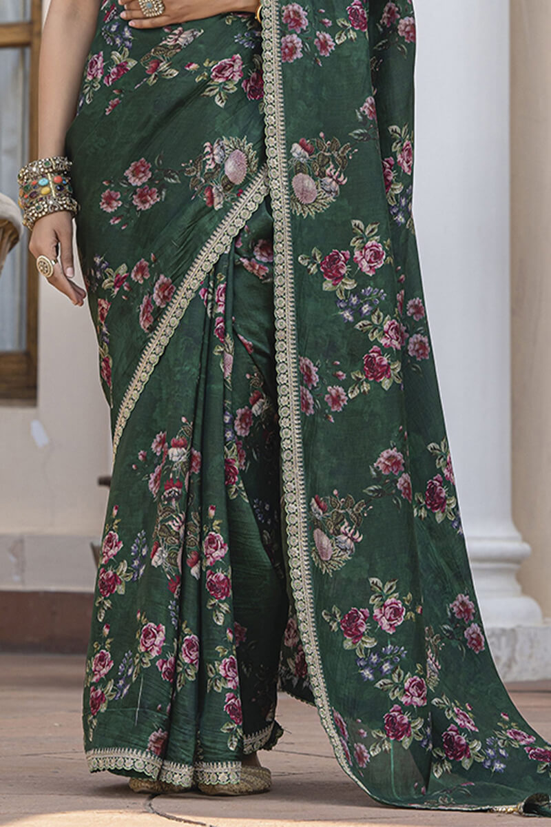 Ratatouille Dark Green Printed Pure Viscose Dola Silk Saree With Exquisite Blouse Piece