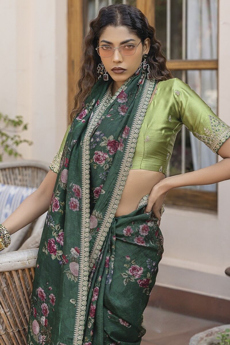 Ratatouille Dark Green Printed Pure Viscose Dola Silk Saree With Exquisite Blouse Piece