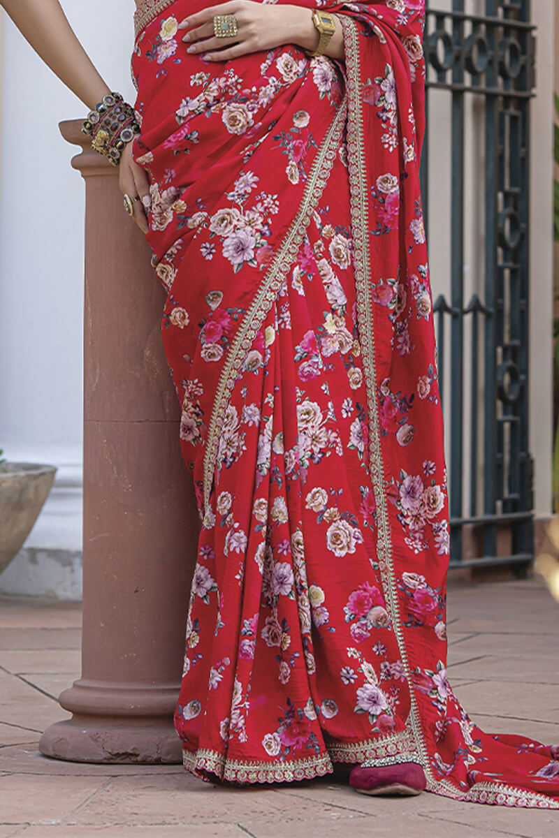 Impressive Red Printed Pure Viscose Dola Silk Saree With Classic Blouse Piece