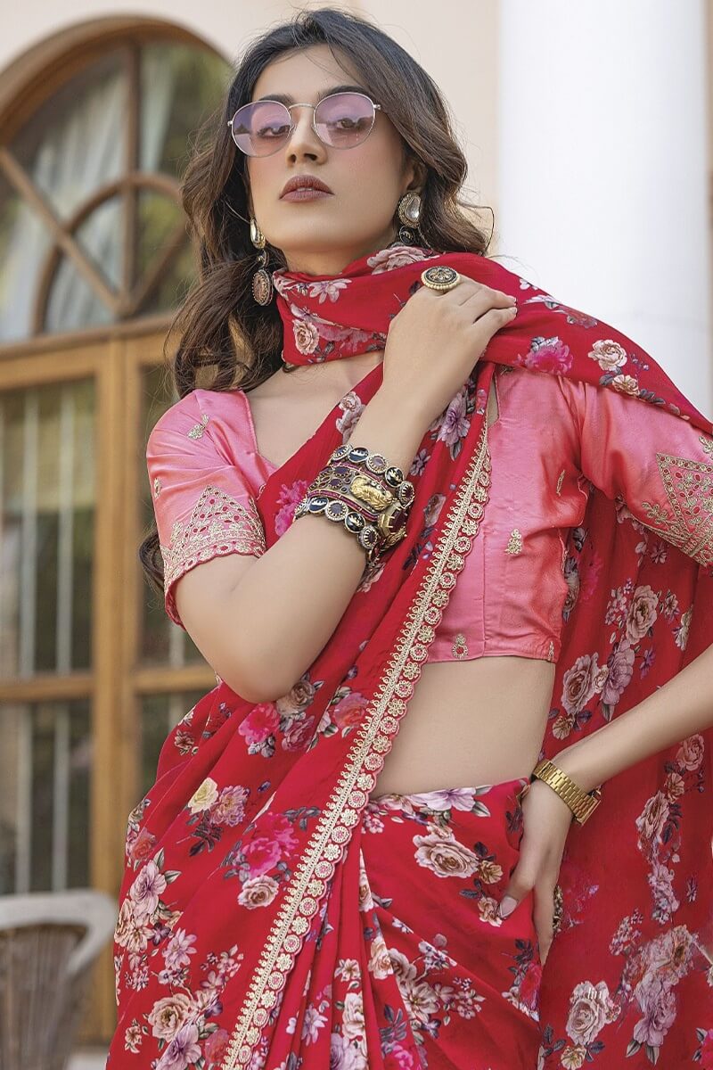 Impressive Red Printed Pure Viscose Dola Silk Saree With Classic Blouse Piece