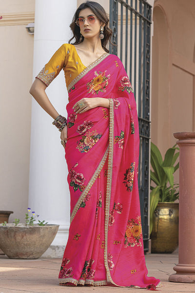 Flameboyant Dark Pink Printed Pure Viscose Dola Silk Saree With Staggering Blouse Piece