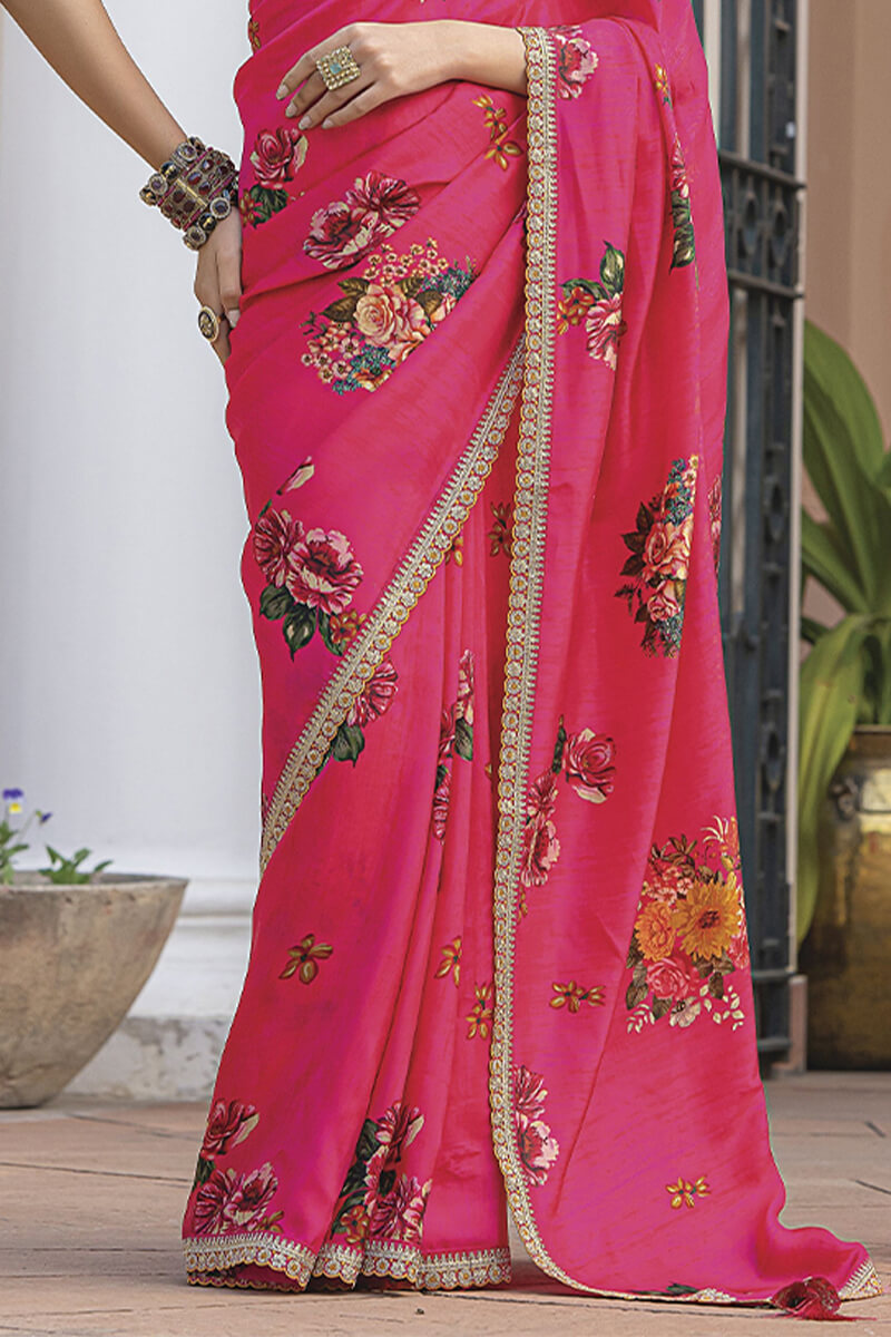 Flameboyant Dark Pink Printed Pure Viscose Dola Silk Saree With Staggering Blouse Piece