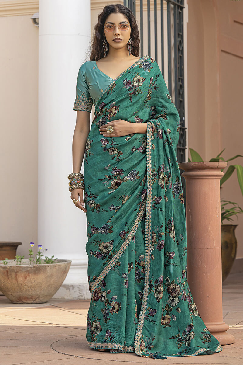 Unique Rama Printed Pure Viscose Dola Silk Saree With Allure Blouse Piece