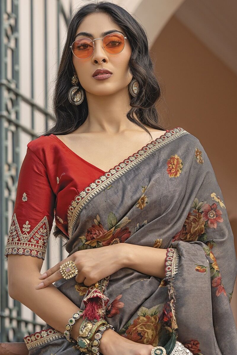 Wonderful Grey Printed Pure Viscose Dola Silk Saree With Most Flattering Blouse Piece