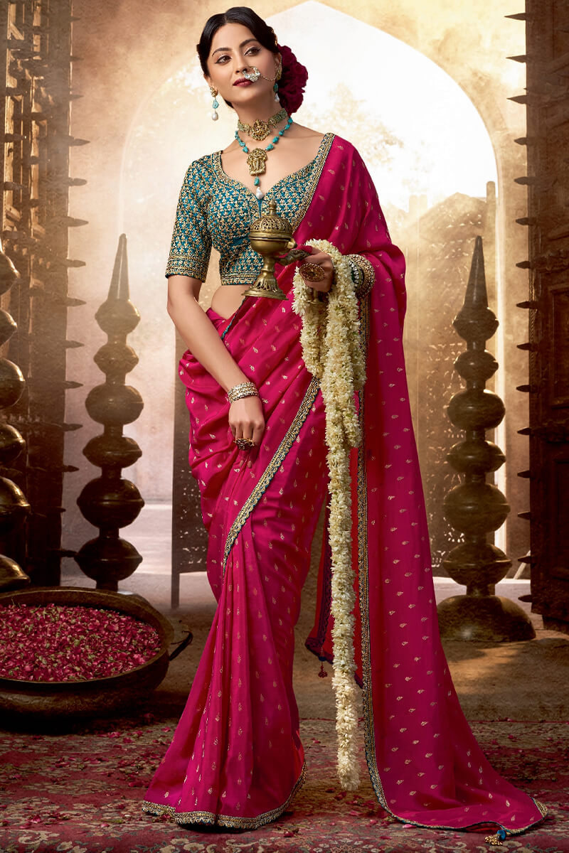 Pleasant Dark Pink Pure Viscose Crape Silk Saree With Dulcet Blouse Piece